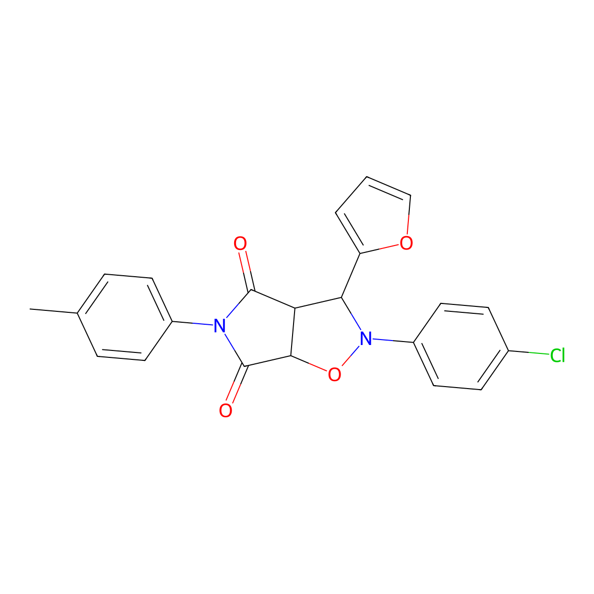 2-(4-chlorophenyl)-3-(furan-2-yl)-5-(p-tolyl)dihydro-2H-pyrrolo[3,4-d]isoxazole-4,6(5H,6aH)-dione molecular structure, CAS 1005116-13-1