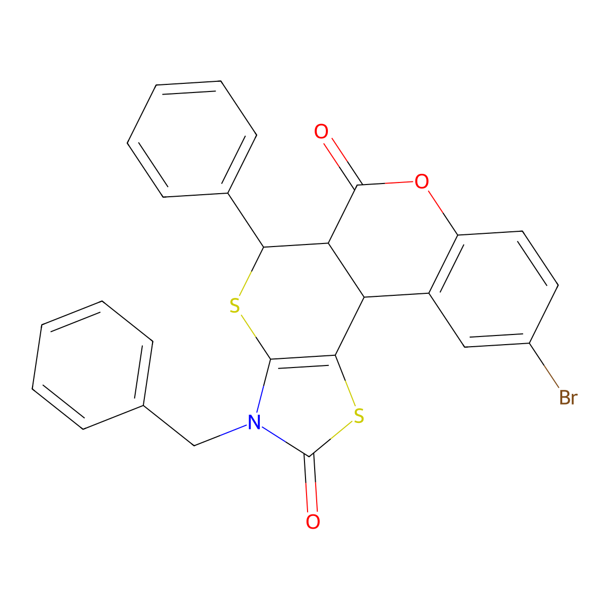 3-benzyl-10-bromo-5-phenyl-3,5,5a,11b-tetrahydro-2H,6H-chromeno[4',3':4,5]thiopyrano[2,3-d][1,3]thiazole-2,6-dione molecular structure, CAS 1005116-68-6