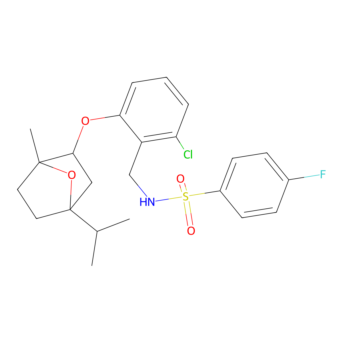 N-{2-chloro-6-[(4-isopropyl-1-methyl-7-oxabicyclo[2.2.1]hept-2-yl)oxy]benzyl}-4-fluorobenzenesulfonamide molecular structure, CAS 1005118-19-3
