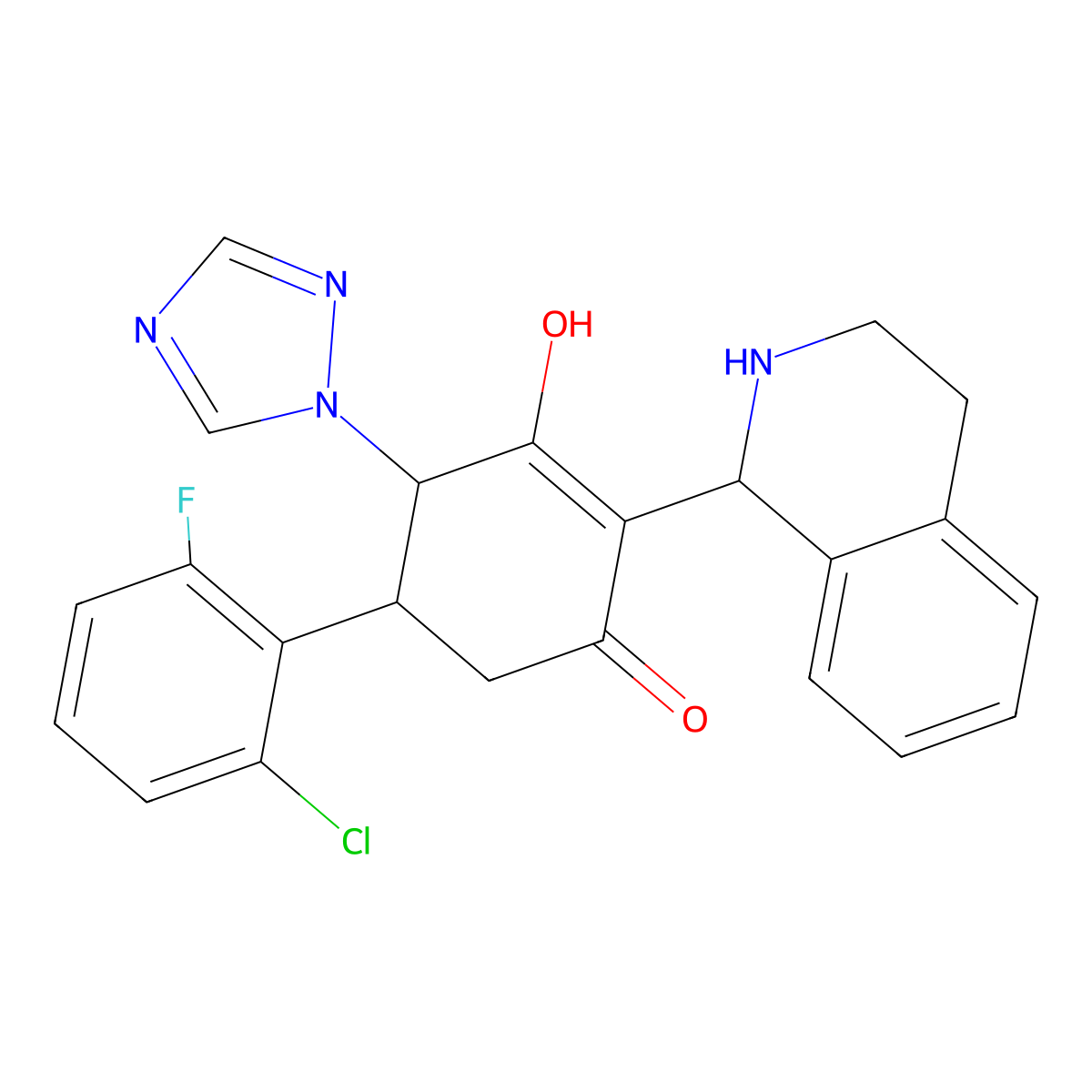 5-(2-chloro-6-fluorophenyl)-3-hydroxy-2-(1,2,3,4-tetrahydro-1-isoquinolinyl)-4-(1H-1,2,4-triazol-1-yl)-2-cyclohexen-1-one molecular structure, CAS 1005119-26-5