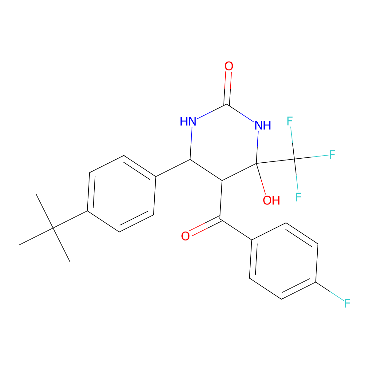 6-(4-tert-butylphenyl)-5-(4-fluorobenzoyl)-4-hydroxy-4-(trifluoromethyl)tetrahydro-2(1H)-pyrimidinone molecular structure, CAS 1005122-08-6