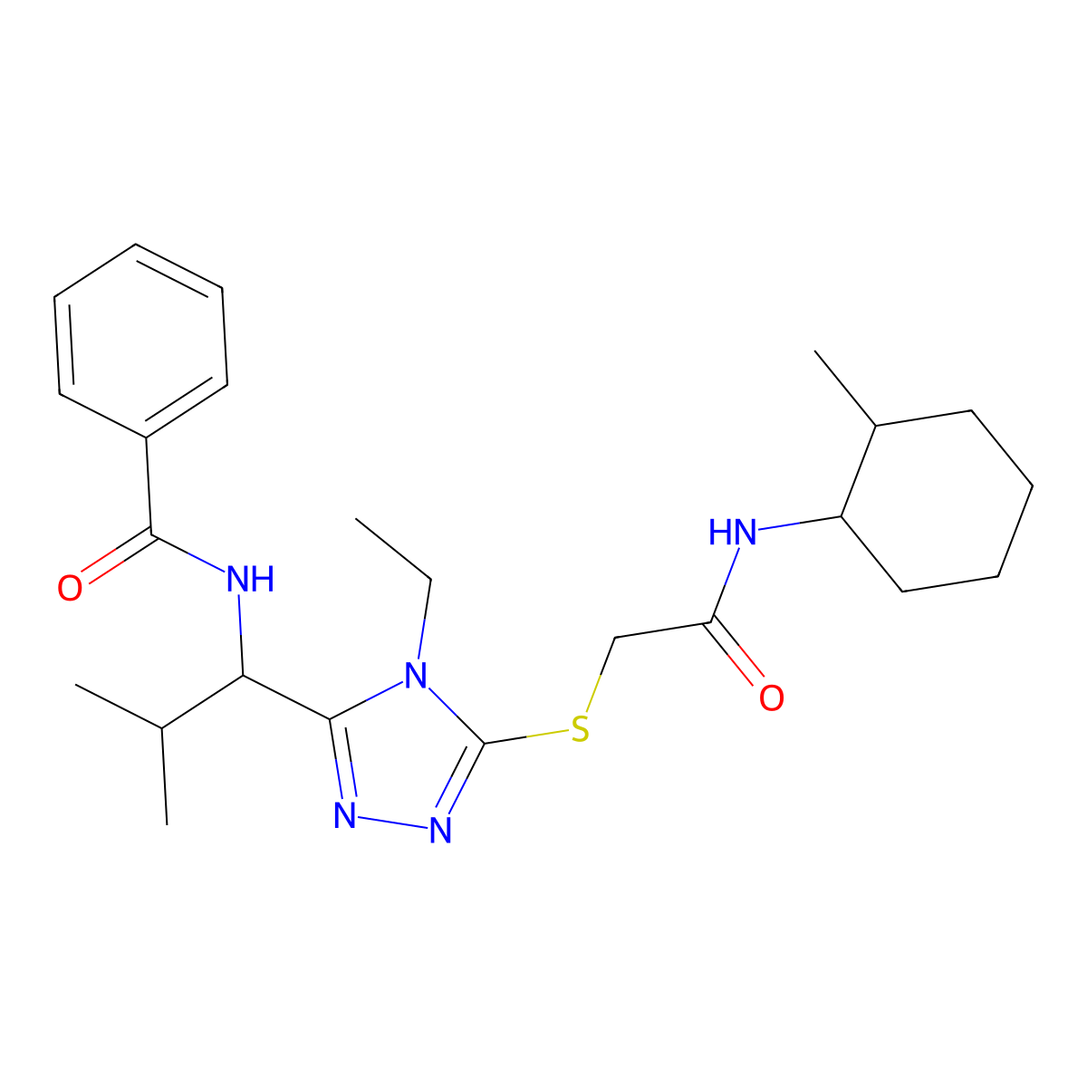 N-{1-[4-ethyl-5-({2-[(2-methylcyclohexyl)amino]-2-oxoethyl}sulfanyl)-4H-1,2,4-triazol-3-yl]-2-methylpropyl}benzamide molecular structure, CAS 1005122-40-6
