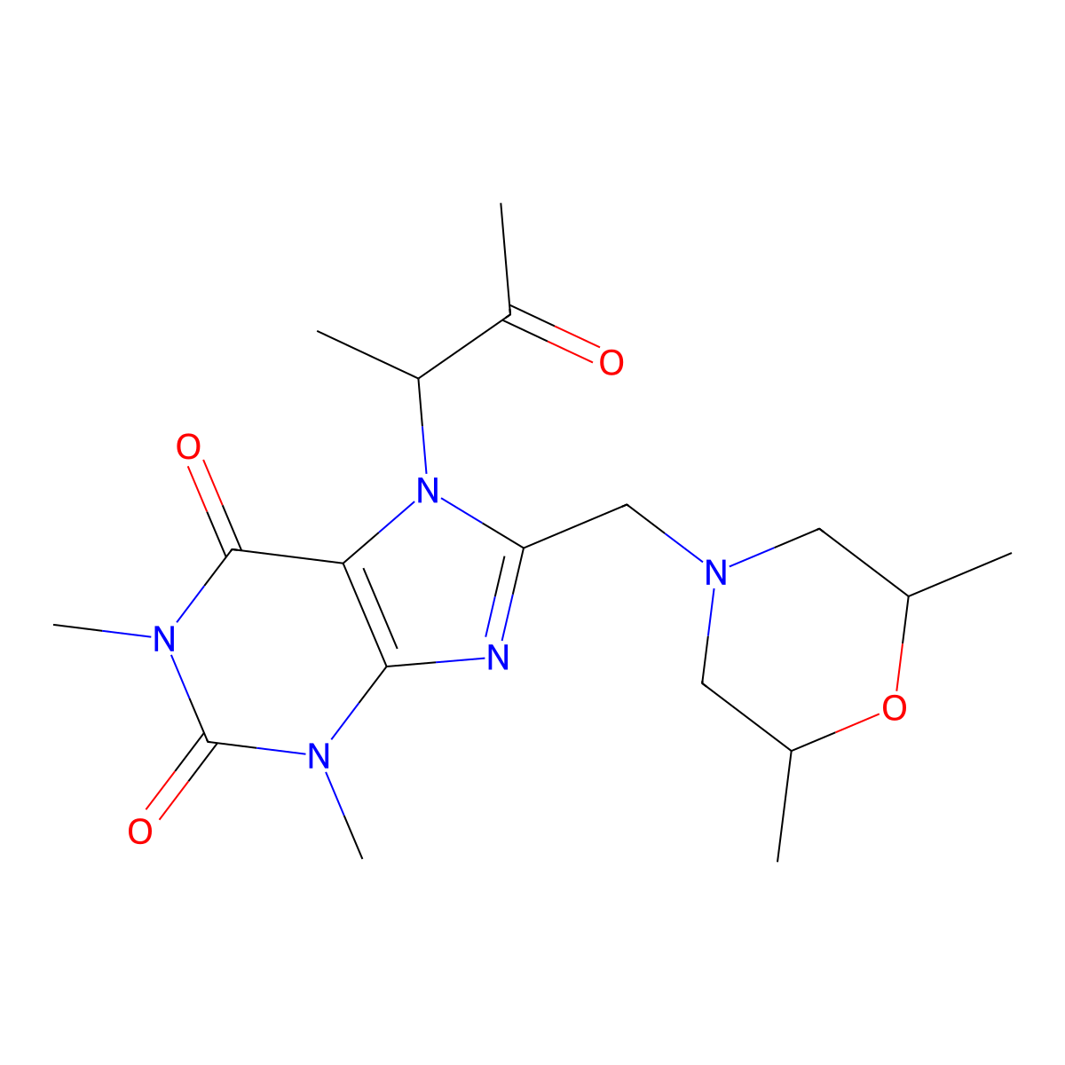 8-((2,6-dimethylmorpholino)methyl)-1,3-dimethyl-7-(3-oxobutan-2-yl)-1H-purine-2,6(3H,7H)-dione molecular structure, CAS 1005127-17-2