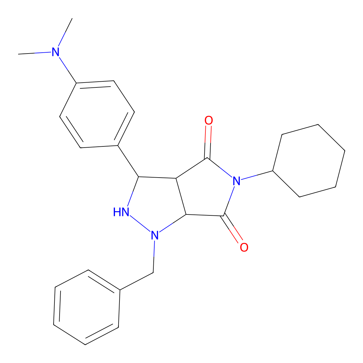 1-benzyl-5-cyclohexyl-3-(4-(dimethylamino)phenyl)tetrahydropyrrolo[3,4-c]pyrazole-4,6(2H,5H)-dione molecular structure, CAS 1005127-18-3