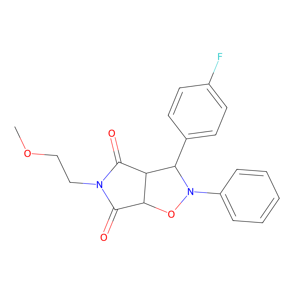 3-(4-fluorophenyl)-5-(2-methoxyethyl)-2-phenyldihydro-2H-pyrrolo[3,4-d]isoxazole-4,6(5H,6aH)-dione molecular structure, CAS 1005127-21-8