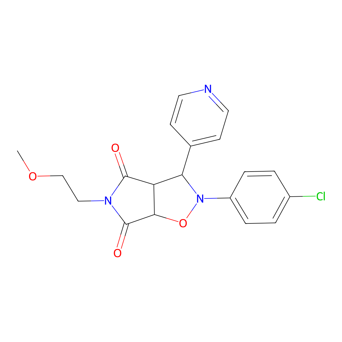 2-(4-chlorophenyl)-5-(2-methoxyethyl)-3-(pyridin-4-yl)dihydro-2H-pyrrolo[3,4-d]isoxazole-4,6(5H,6aH)-dione molecular structure, CAS 1005127-40-1