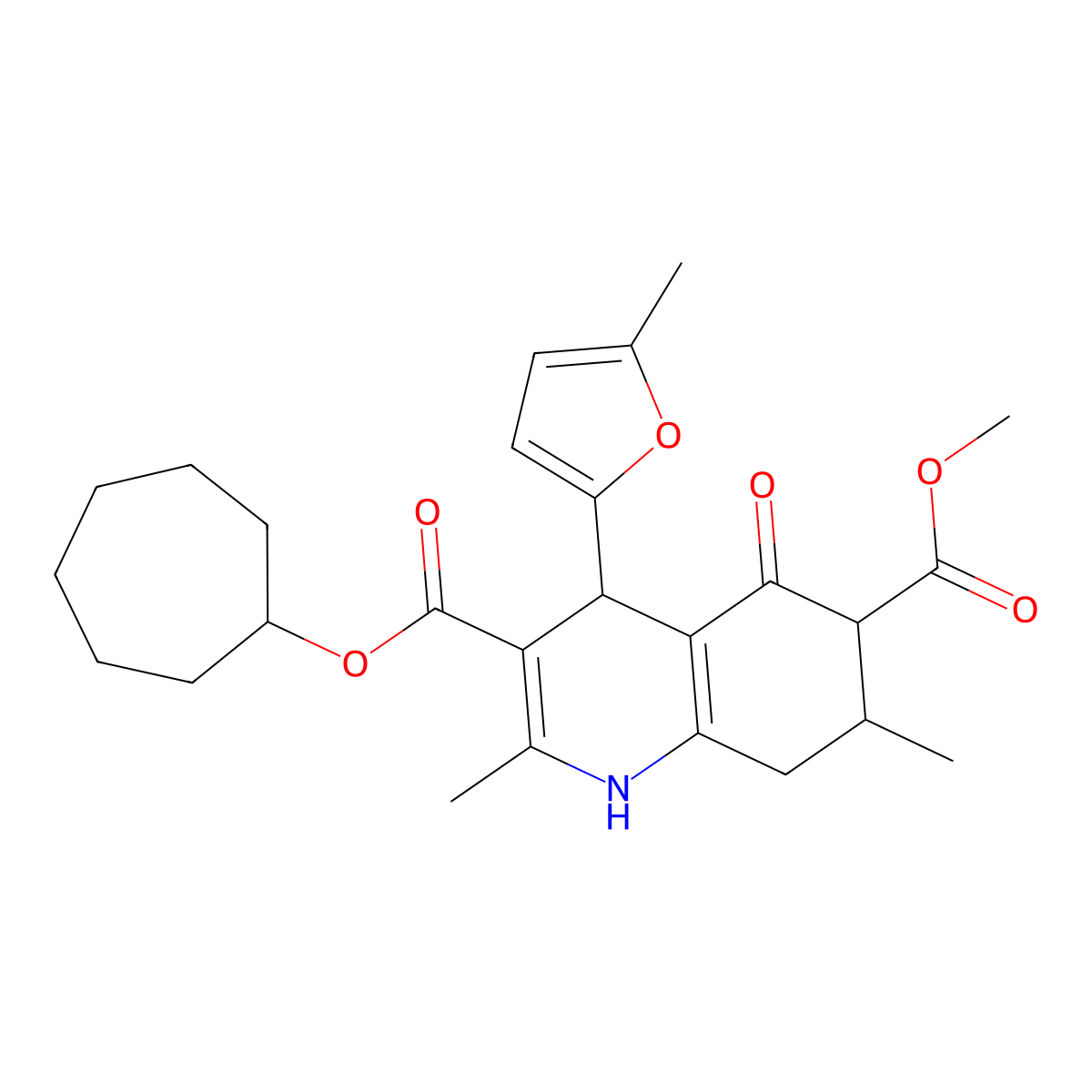 3-Cycloheptyl 6-methyl 2,7-dimethyl-4-(5-methylfuran-2-yl)-5-oxo-1,4,5,6,7,8-hexahydroquinoline-3,6-dicarboxylate molecular structure, CAS 1005133-78-7