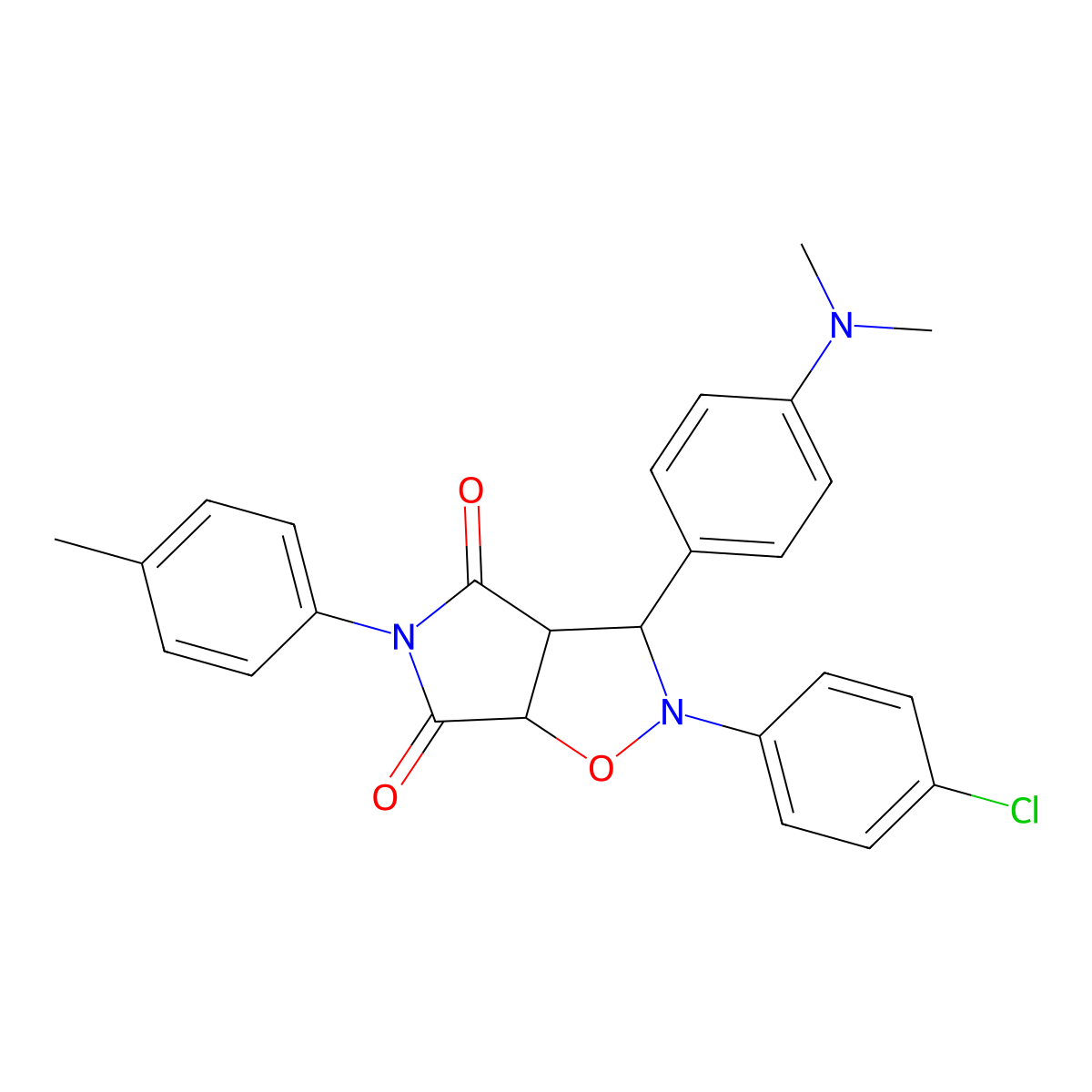 2-(4-chlorophenyl)-3-(4-(dimethylamino)phenyl)-5-(p-tolyl)dihydro-2H-pyrrolo[3,4-d]isoxazole-4,6(5H,6aH)-dione molecular structure, CAS 1005141-06-9