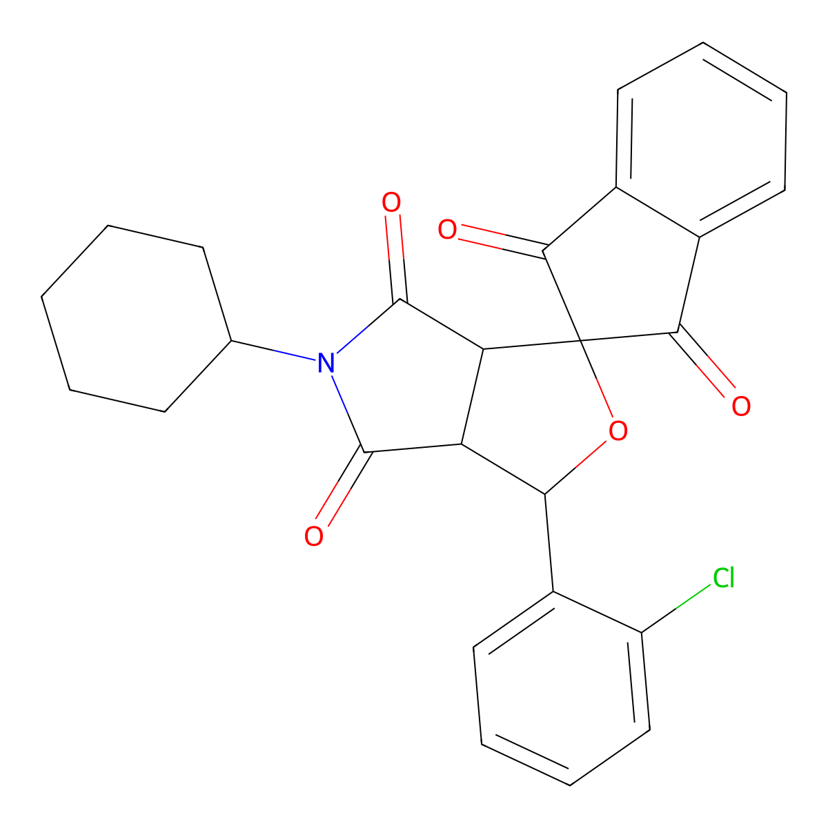 3-(2-chlorophenyl)-5-cyclohexyl-3a,6a-dihydrospiro[furo[3,4-c]pyrrole-1,2'-indene]-1',3',4,6(3H,5H)-tetrone molecular structure, CAS 1005150-96-8