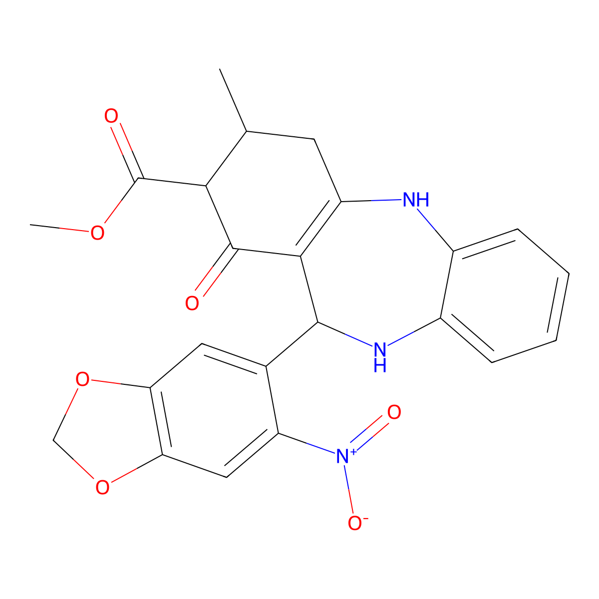 methyl 3-methyl-11-(6-nitro-1,3-benzodioxol-5-yl)-1-oxo-2,3,4,5,10,11-hexahydro-1H-dibenzo[b,e][1,4]diazepine-2-carboxylate molecular structure, CAS 1005151-33-6