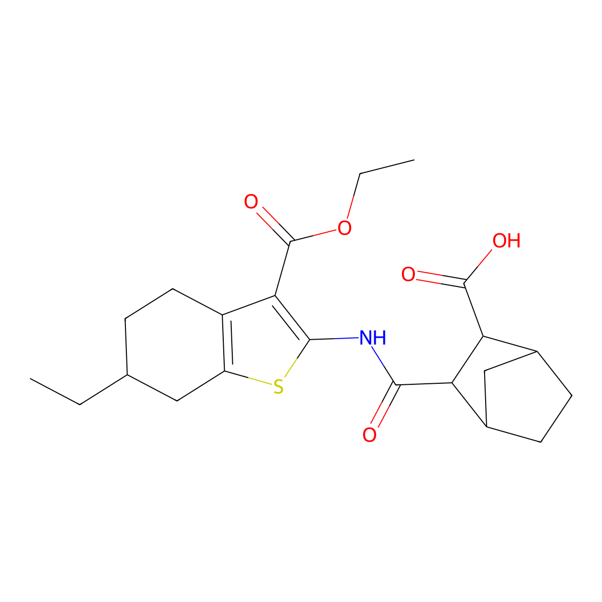 2-[(3-Ethoxycarbonyl-6-ethyl-4,5,6,7-tetrahydro-1-benzothiophen-2-yl)carbamoyl]bicyclo[2.2.1]heptane-3-carboxylic acid molecular structure, CAS 1005152-60-2
