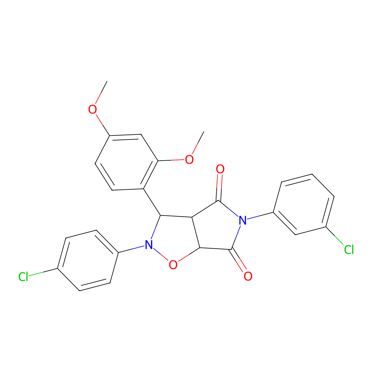 5-(3-chlorophenyl)-2-(4-chlorophenyl)-3-(2,4-dimethoxyphenyl)dihydro-2H-pyrrolo[3,4-d]isoxazole-4,6(5H,6aH)-dione molecular structure, CAS 1005154-57-3