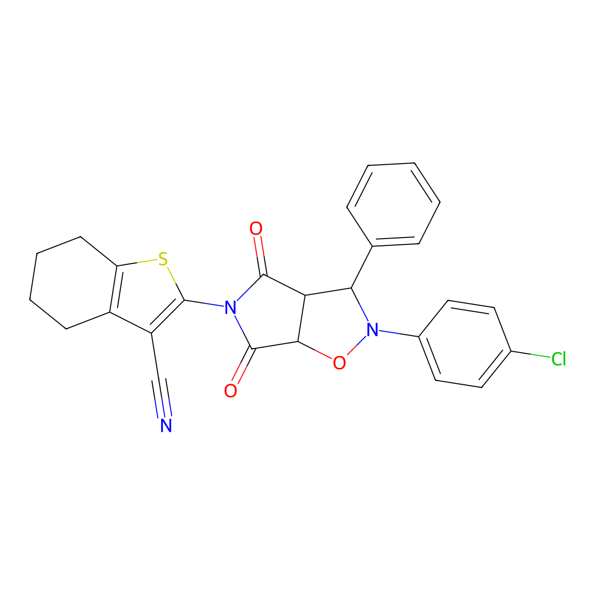 2-(2-(4-chlorophenyl)-4,6-dioxo-3-phenyltetrahydro-2H-pyrrolo[3,4-d]isoxazol-5(3H)-yl)-4,5,6,7-tetrahydrobenzo[b]thiophene-3-carbonitrile molecular structure, CAS 1005154-89-1