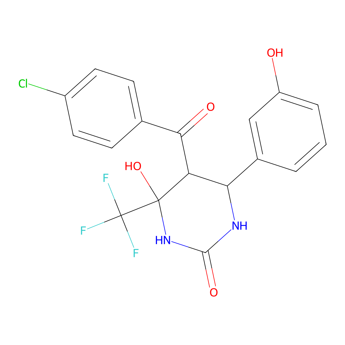 5-[(4-chlorophenyl)carbonyl]-4-hydroxy-6-(3-hydroxyphenyl)-4-(trifluoromethyl)tetrahydropyrimidin-2(1H)-one molecular structure, CAS 1005157-25-4