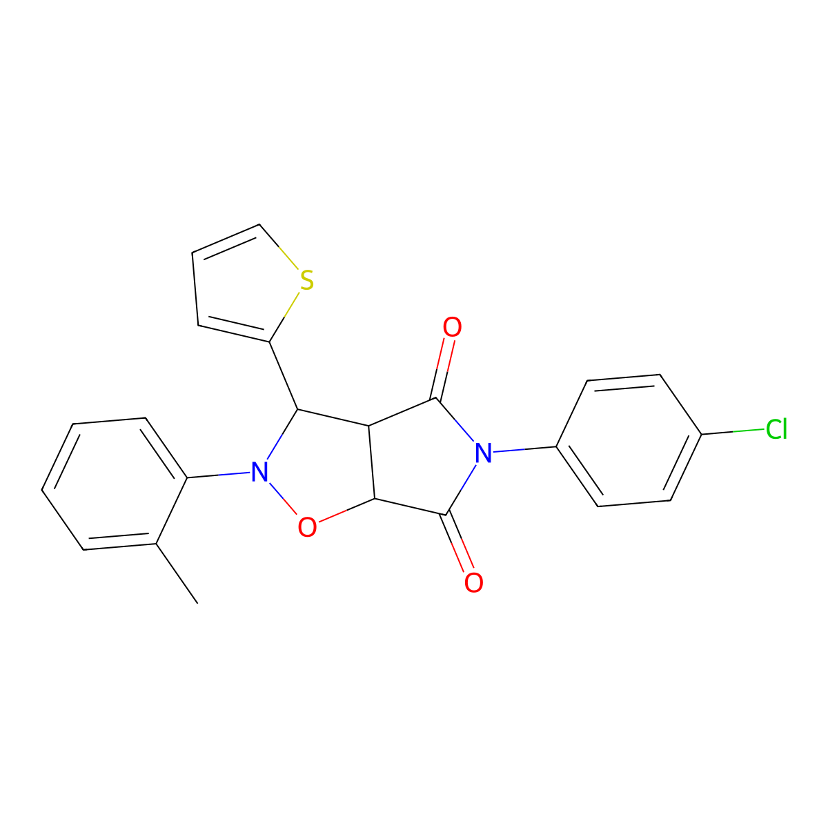 5-(4-chlorophenyl)-3-(thiophen-2-yl)-2-(o-tolyl)dihydro-2H-pyrrolo[3,4-d]isoxazole-4,6(5H,6aH)-dione molecular structure, CAS 1005161-30-7
