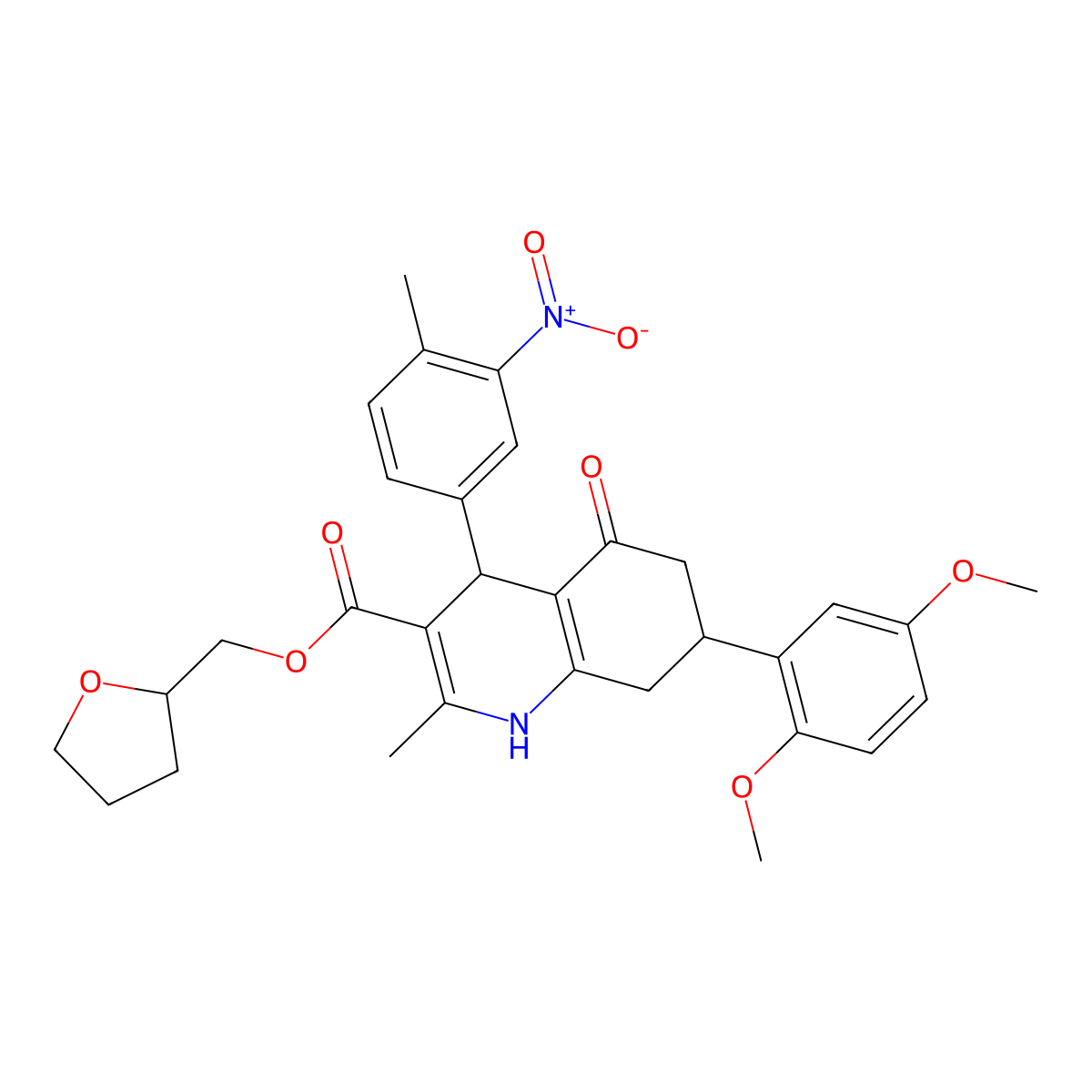 Tetrahydrofuran-2-ylmethyl 7-(2,5-dimethoxyphenyl)-2-methyl-4-(4-methyl-3-nitrophenyl)-5-oxo-1,4,5,6,7,8-hexahydroquinoline-3-carboxylate molecular structure, CAS 1005164-44-2