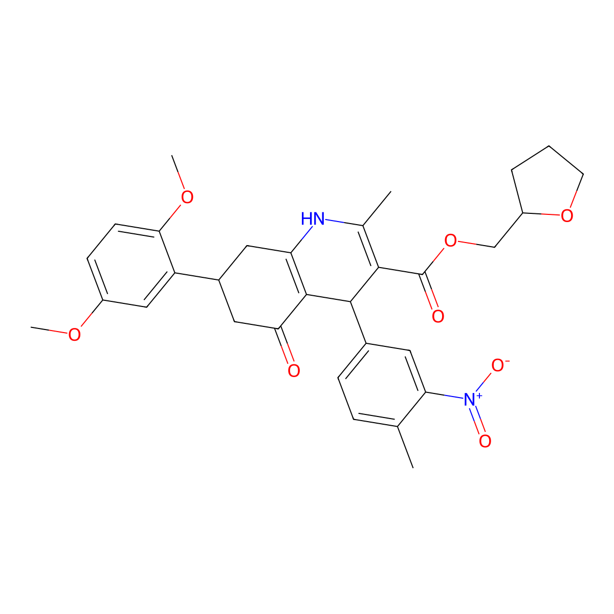 Tetrahydrofuran-2-ylmethyl 7-(2,5-dimethoxyphenyl)-2-methyl-4-(4-methyl-3-nitrophenyl)-5-oxo-1,4,5,6,7,8-hexahydroquinoline-3-carboxylate molecular structure, CAS 1005164-44-2