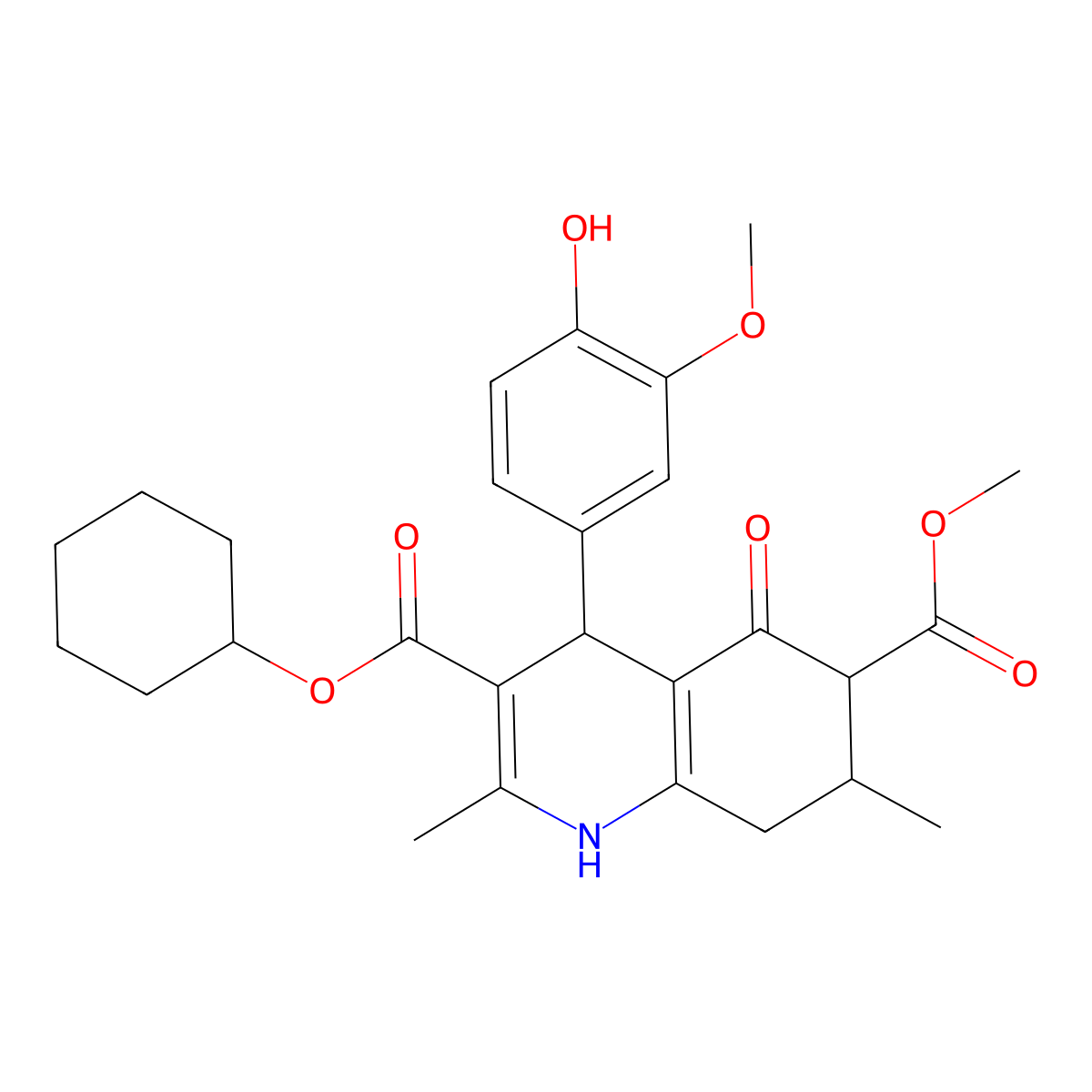 3-Cyclohexyl 6-methyl 4-(4-hydroxy-3-methoxyphenyl)-2,7-dimethyl-5-oxo-1,4,5,6,7,8-hexahydroquinoline-3,6-dicarboxylate molecular structure, CAS 1005175-28-9