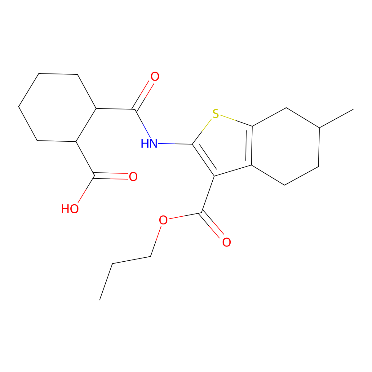 2-{[6-Methyl-3-(propoxycarbonyl)-4,5,6,7-tetrahydro-1-benzothiophen-2-yl]carbamoyl}cyclohexanecarboxylic acid molecular structure, CAS 1005175-89-2