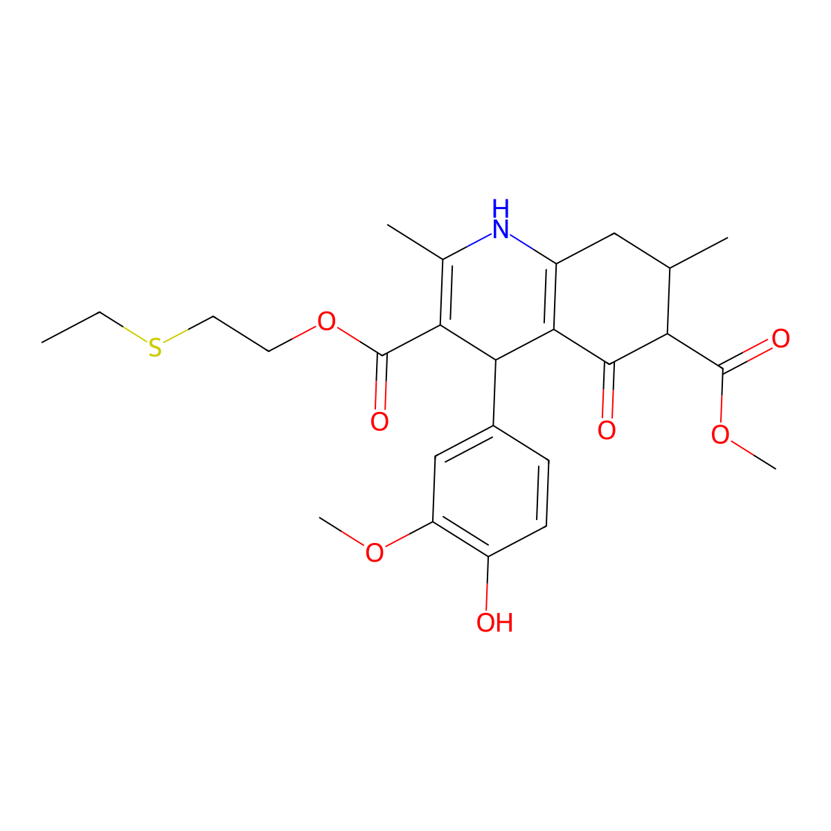 3-[2-(Ethylsulfanyl)ethyl] 6-methyl 4-(4-hydroxy-3-methoxyphenyl)-2,7-dimethyl-5-oxo-1,4,5,6,7,8-hexahydroquinoline-3,6-dicarboxylate molecular structure, CAS 1005175-90-5