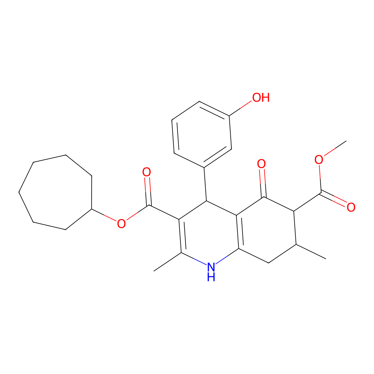 3-Cycloheptyl 6-methyl 4-(3-hydroxyphenyl)-2,7-dimethyl-5-oxo-1,4,5,6,7,8-hexahydroquinoline-3,6-dicarboxylate molecular structure, CAS 1005176-18-0