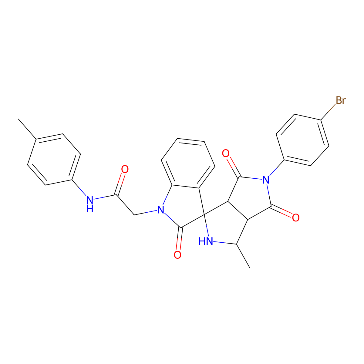 N-(4-methylphenyl)-2-(4'-methyl-2'-{4-bromophenyl}-1',3'{2'H,3'aH}-trioxo-2,3,3'a,4',6',6'a-hexahydrospiro{1H-indole-3,6'-pyrrolo[3,4-c]pyrrole}-1-yl)acetamide molecular structure, CAS 1005177-29-6