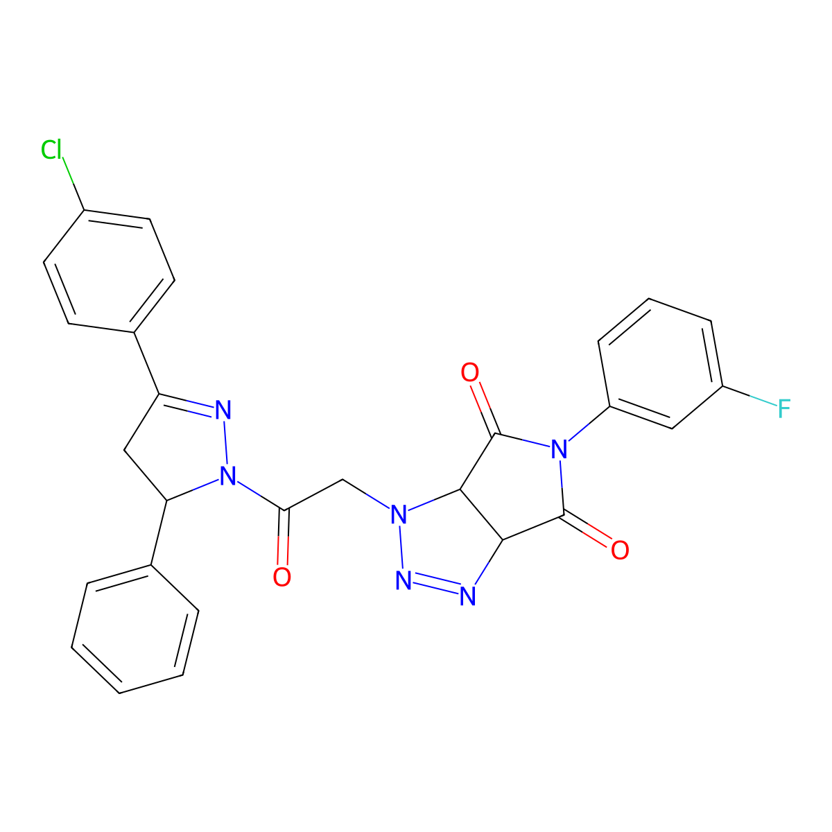 1-{2-[3-(4-chlorophenyl)-5-phenyl-4,5-dihydro-1H-pyrazol-1-yl]-2-oxoethyl}-5-(3-fluorophenyl)-3a,6a-dihydropyrrolo[3,4-d][1,2,3]triazole-4,6(1H,5H)-dione molecular structure, CAS 1005177-34-3