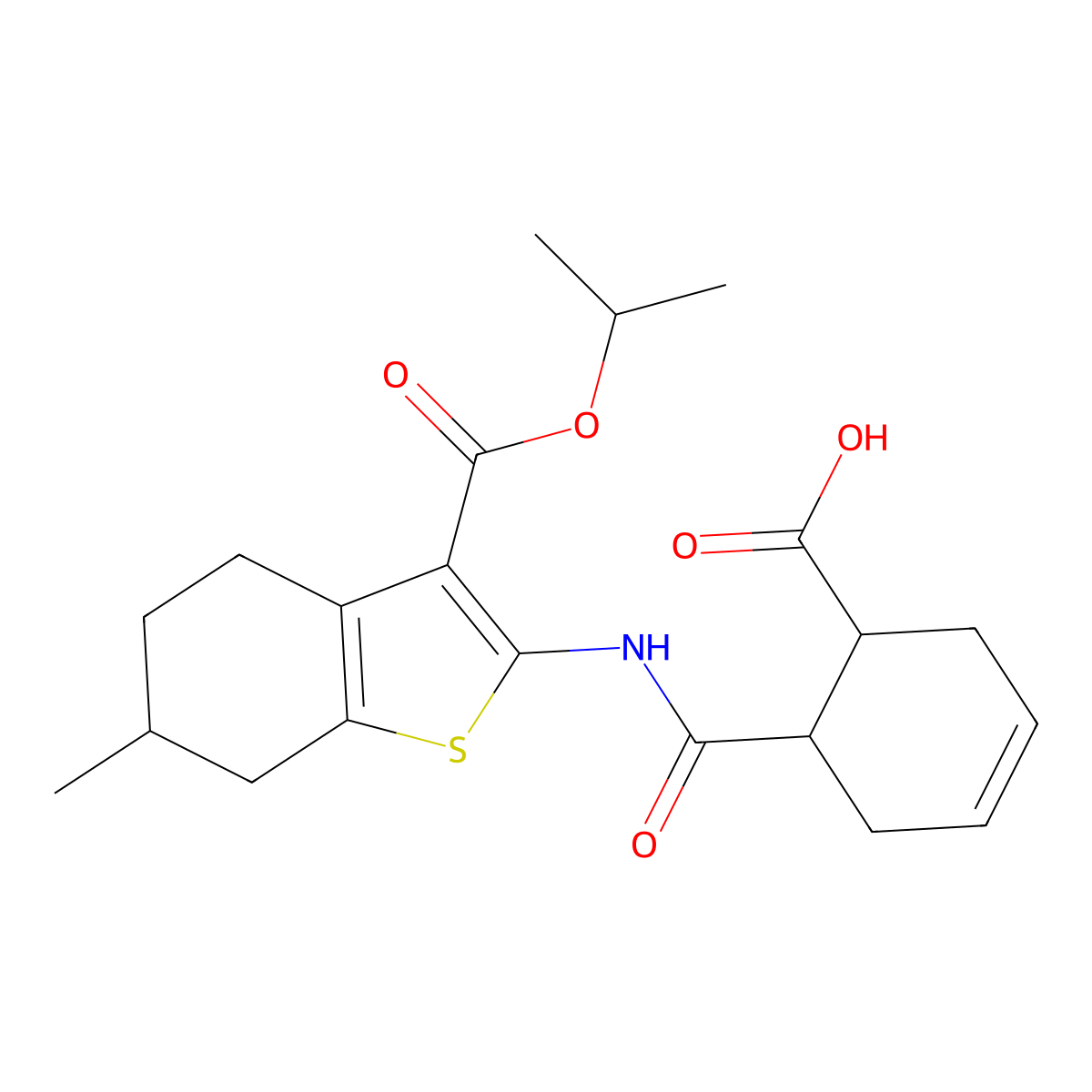 6-[(6-Methyl-3-propan-2-yloxycarbonyl-4,5,6,7-tetrahydro-1-benzothiophen-2-yl)carbamoyl]cyclohex-3-ene-1-carboxylic acid molecular structure, CAS 1005177-68-3
