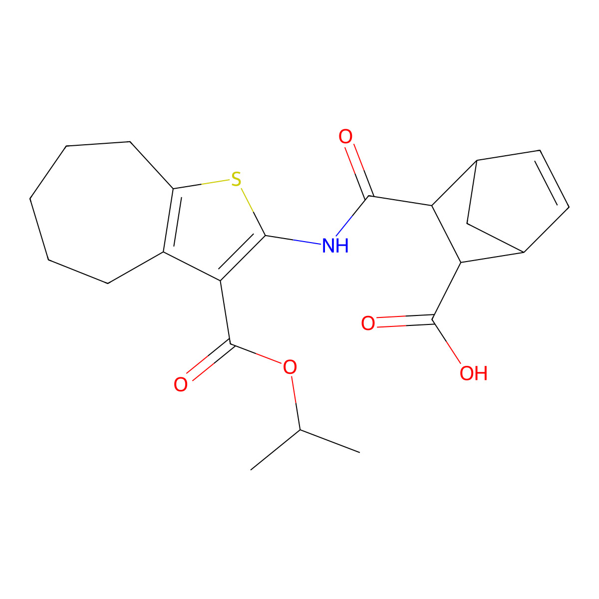 3-({3-[(propan-2-yloxy)carbonyl]-5,6,7,8-tetrahydro-4H-cyclohepta[b]thiophen-2-yl}carbamoyl)bicyclo[2.2.1]hept-5-ene-2-carboxylic acid molecular structure, CAS 1005177-74-1