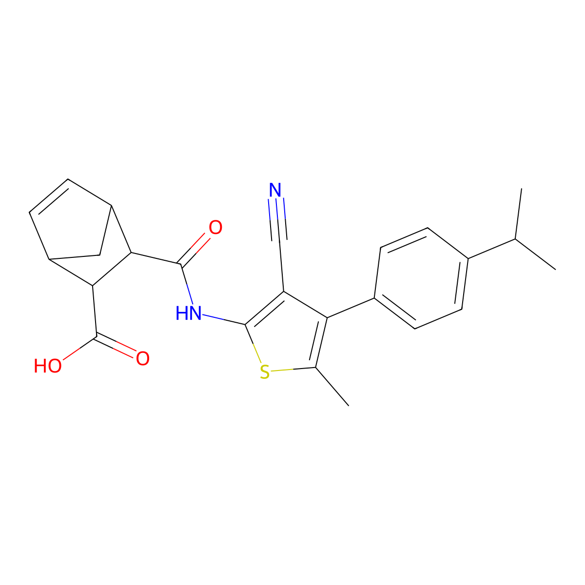 3-({[3-Cyano-4-(4-isopropylphenyl)-5-methyl-2-thienyl]amino}carbonyl)bicyclo[2.2.1]hept-5-ene-2-carboxylic acid molecular structure, CAS 1005177-80-9
