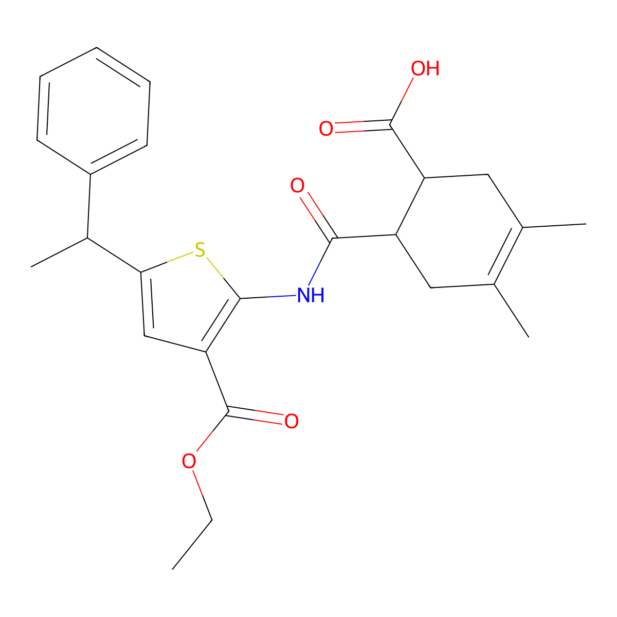 6-{[3-(Ethoxycarbonyl)-5-(1-phenylethyl)thiophen-2-yl]carbamoyl}-3,4-dimethylcyclohex-3-ene-1-carboxylic acid molecular structure, CAS 1005178-04-0
