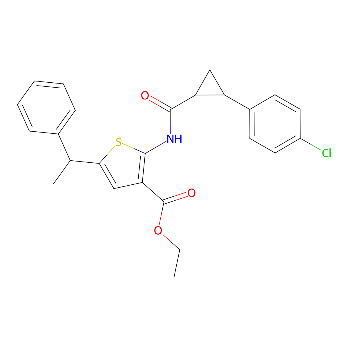Ethyl 2-[[2-(4-chlorophenyl)cyclopropanecarbonyl]amino]-5-(1-phenylethyl)thiophene-3-carboxylate molecular structure, CAS 1005178-05-1