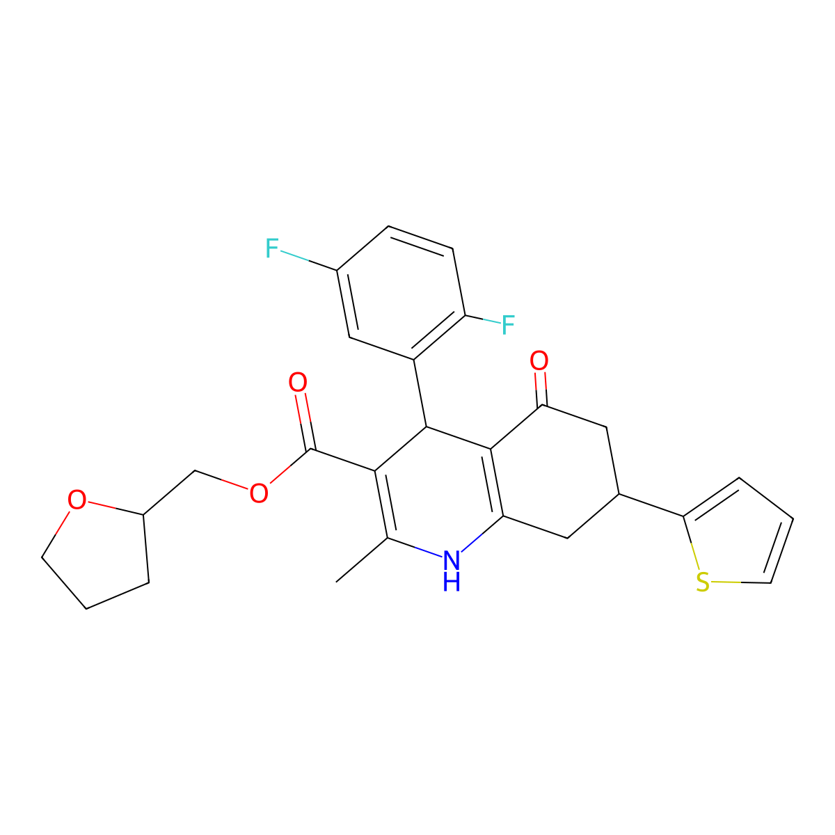 Tetrahydrofuran-2-ylmethyl 4-(2,5-difluorophenyl)-2-methyl-5-oxo-7-(thiophen-2-yl)-1,4,5,6,7,8-hexahydroquinoline-3-carboxylate molecular structure, CAS 1005178-29-9