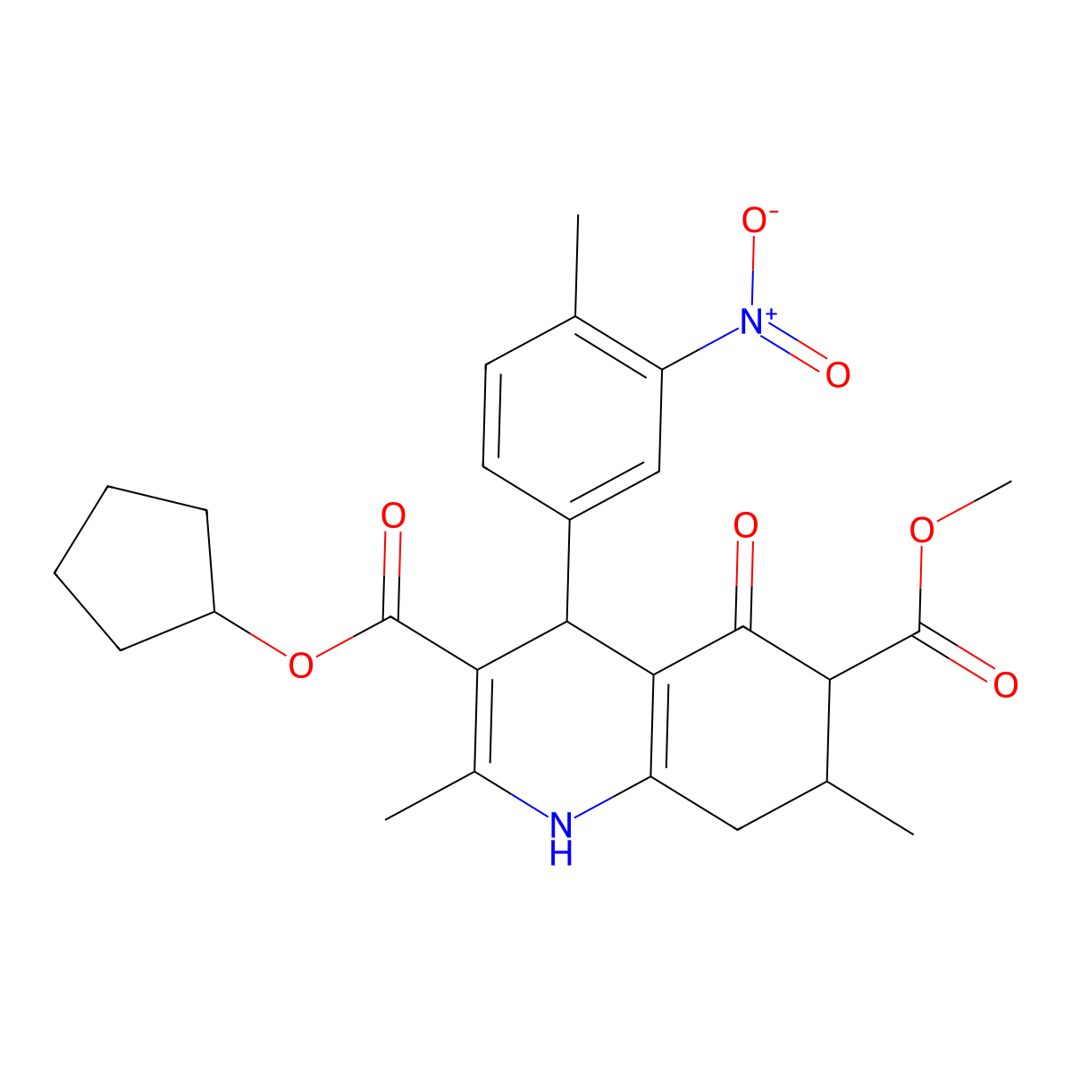 3-Cyclopentyl 6-methyl 2,7-dimethyl-4-(4-methyl-3-nitrophenyl)-5-oxo-1,4,5,6,7,8-hexahydroquinoline-3,6-dicarboxylate molecular structure, CAS 1005178-92-6