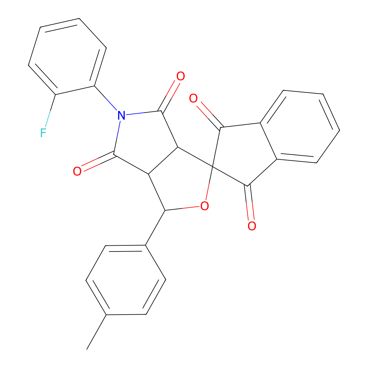 5-(2-fluorophenyl)-3-(4-methylphenyl)-3a,6a-dihydrospiro[furo[3,4-c]pyrrole-1,2'-indene]-1',3',4,6(3H,5H)-tetrone molecular structure, CAS 1005188-27-1