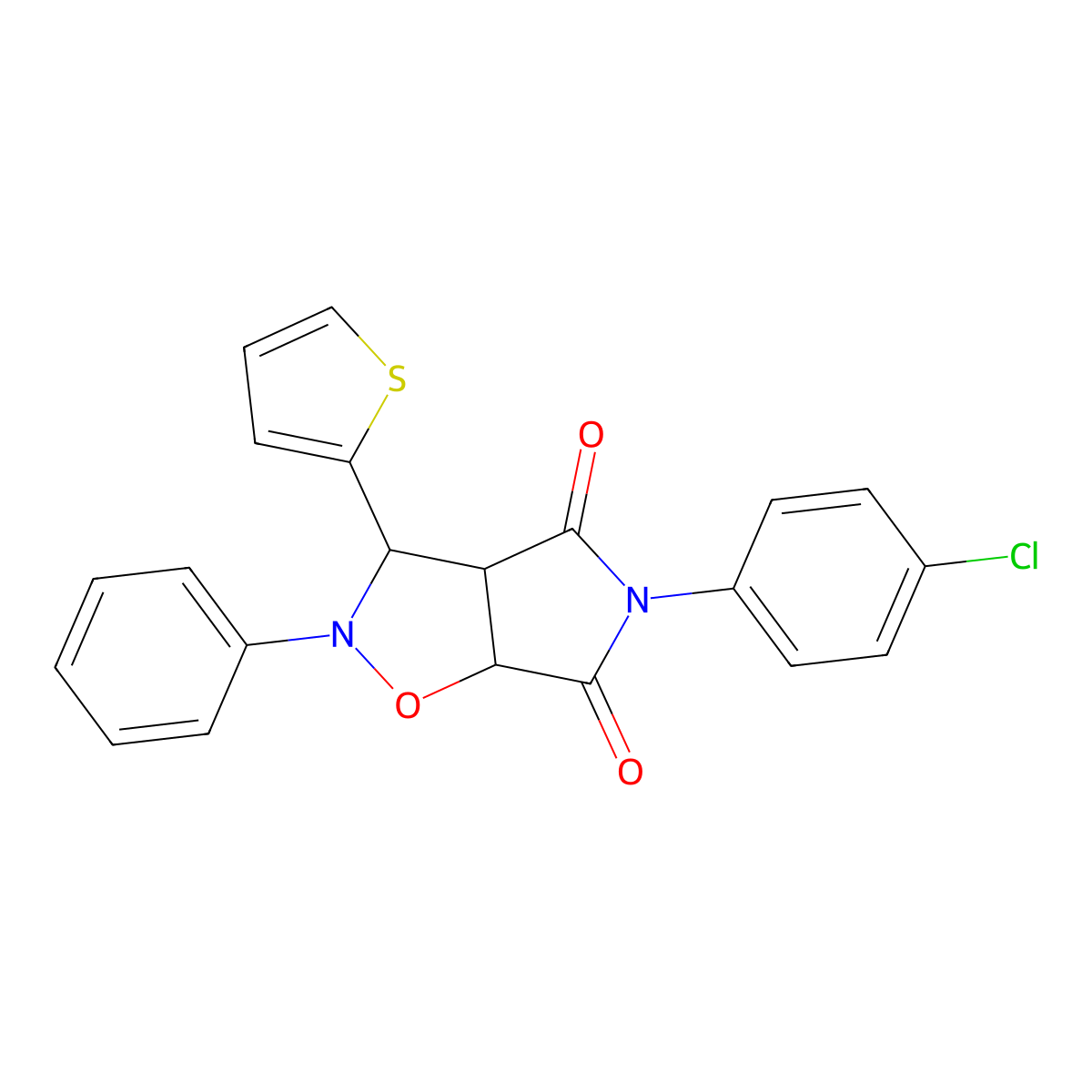 5-(4-chlorophenyl)-2-phenyl-3-(thiophen-2-yl)dihydro-2H-pyrrolo[3,4-d]isoxazole-4,6(5H,6aH)-dione molecular structure, CAS 1005188-51-1