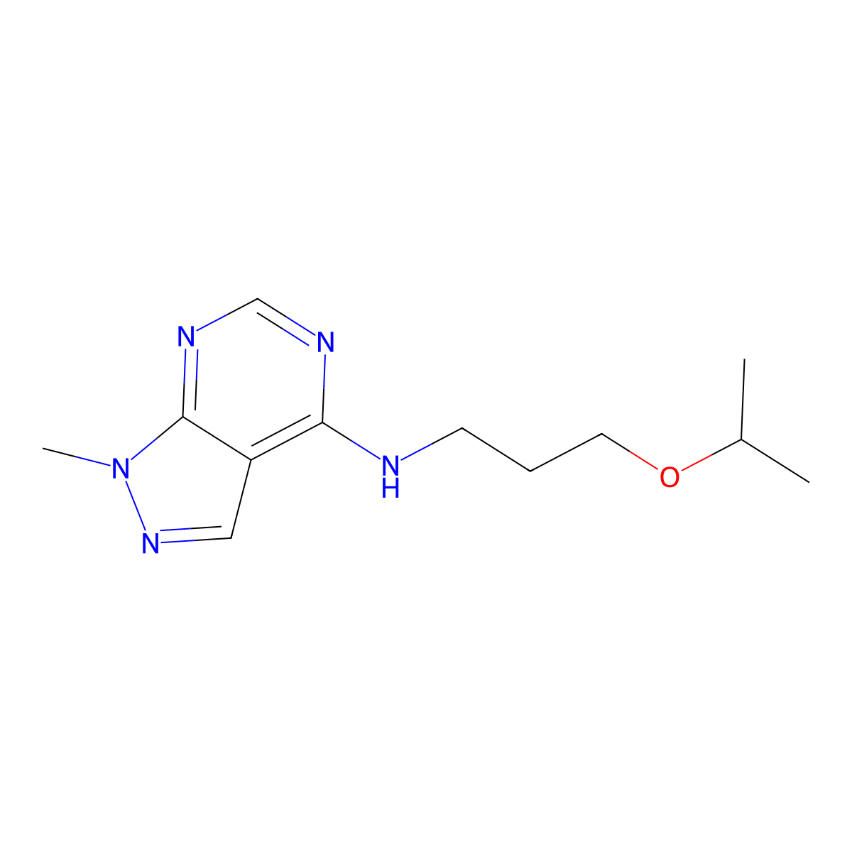 1-methyl-N-[3-(propan-2-yloxy)propyl]-1H-pyrazolo[3,4-d]pyrimidin-4-amine molecular structure, CAS 100524-63-8