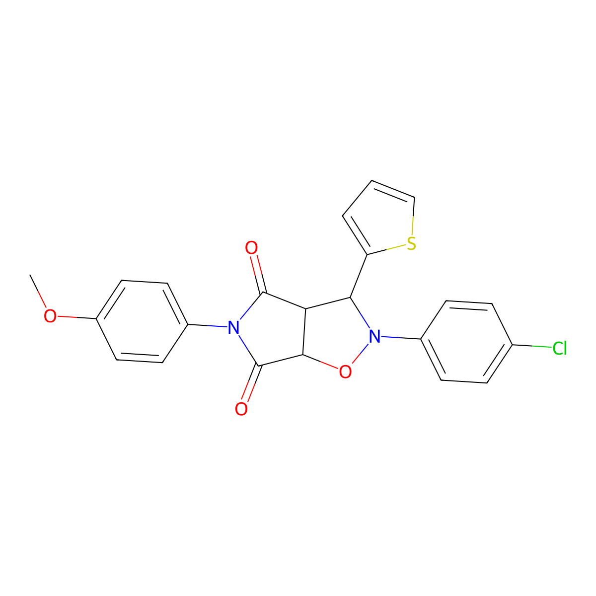 2-(4-chlorophenyl)-5-(4-methoxyphenyl)-3-(thiophen-2-yl)dihydro-2H-pyrrolo[3,4-d]isoxazole-4,6(5H,6aH)-dione molecular structure, CAS 1005241-11-1
