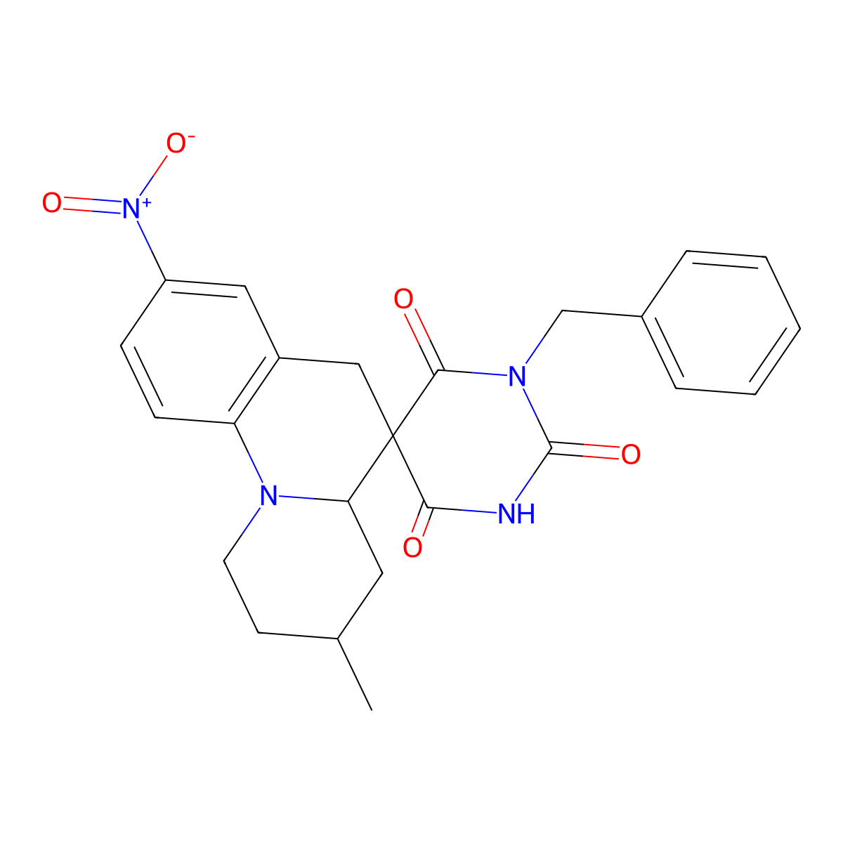 1'-Benzyl-3-methyl-8-nitrospiro[1,2,3,4,4a,6-hexahydrobenzo[c]quinolizine-5,5'-1,3-diazinane]-2',4',6'-trione molecular structure, CAS 1005241-80-4