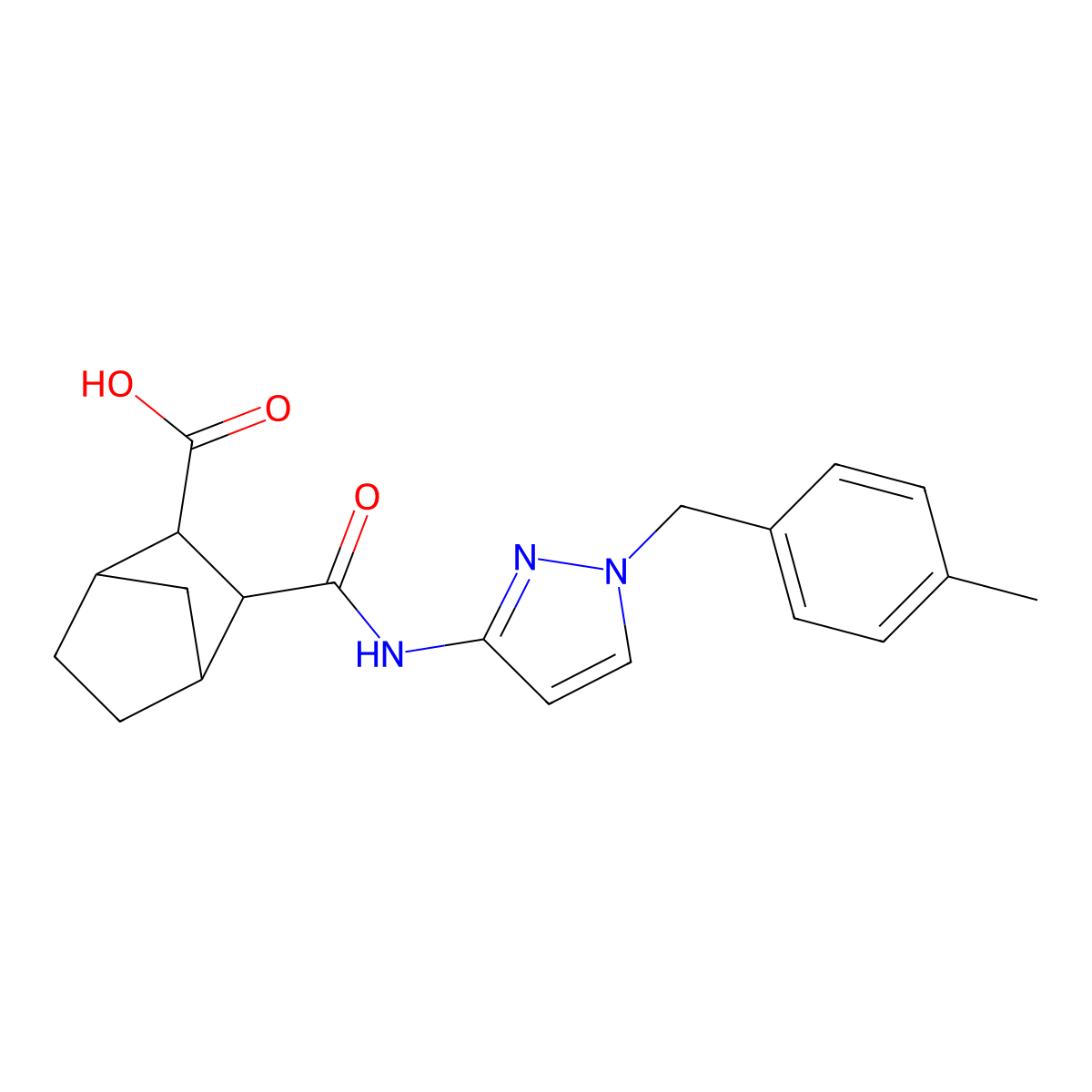 2-[[1-[(4-Methylphenyl)methyl]pyrazol-3-yl]carbamoyl]bicyclo[2.2.1]heptane-3-carboxylic acid molecular structure, CAS 1005242-74-9