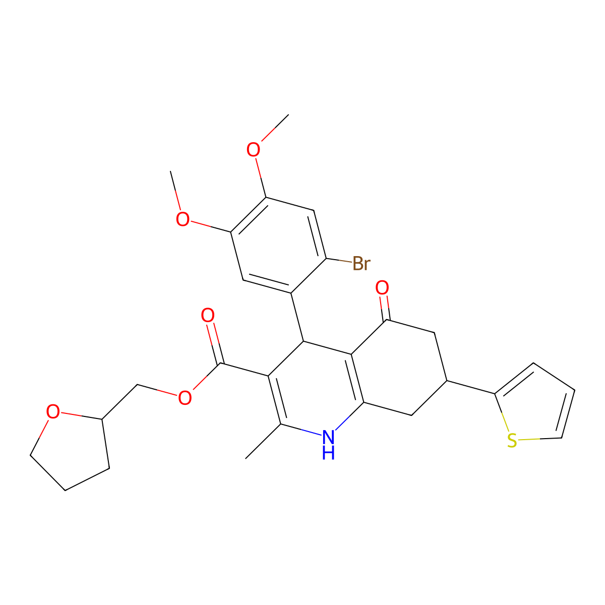 Tetrahydrofuran-2-ylmethyl 4-(2-bromo-4,5-dimethoxyphenyl)-2-methyl-5-oxo-7-(thiophen-2-yl)-1,4,5,6,7,8-hexahydroquinoline-3-carboxylate molecular structure, CAS 1005243-48-0