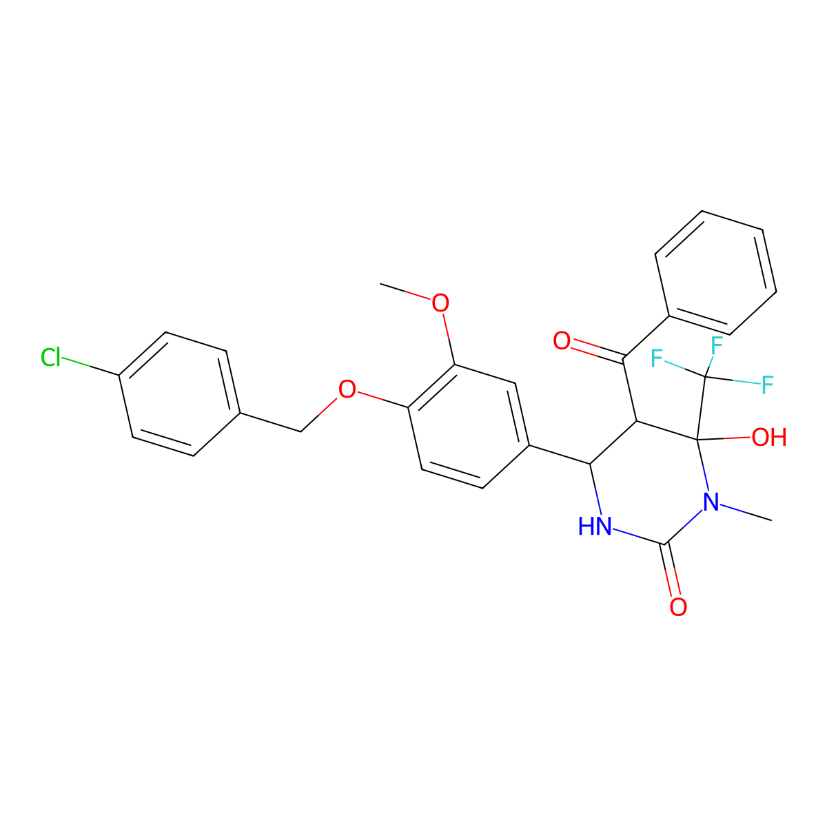 5-benzoyl-4-(4-((4-chlorobenzyl)oxy)-3-methoxyphenyl)-6-hydroxy-1-methyl-6-(trifluoromethyl)tetrahydropyrimidin-2(1H)-one molecular structure, CAS 1005244-96-1