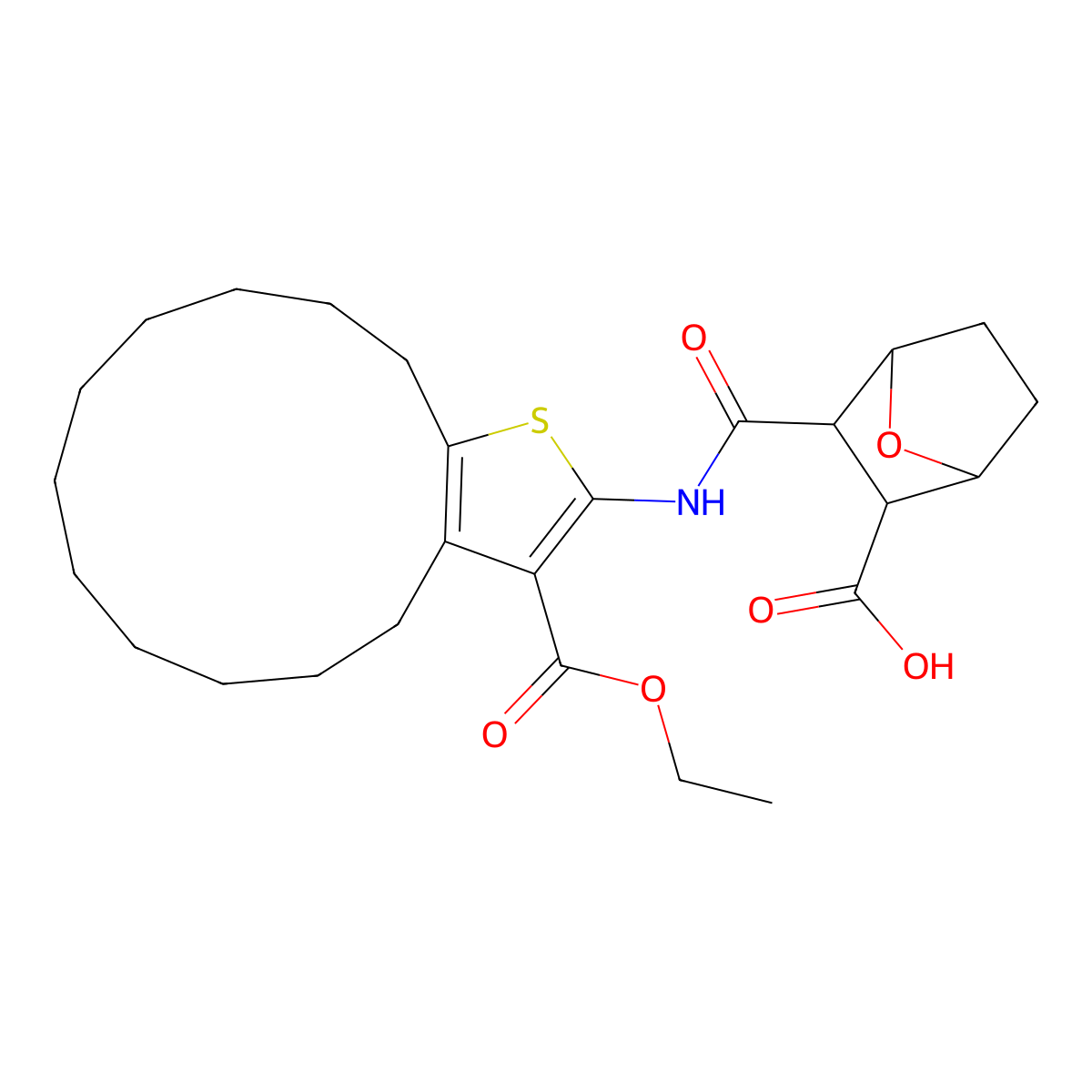 3-((3-(Ethoxycarbonyl)-5,6,7,8,9,10,11,12,13,14-decahydro-4H-cyclotrideca[b]thiophen-2-yl)carbamoyl)-7-oxabicyclo[2.2.1]heptane-2-carboxylic acid molecular structure, CAS 1005244-98-3
