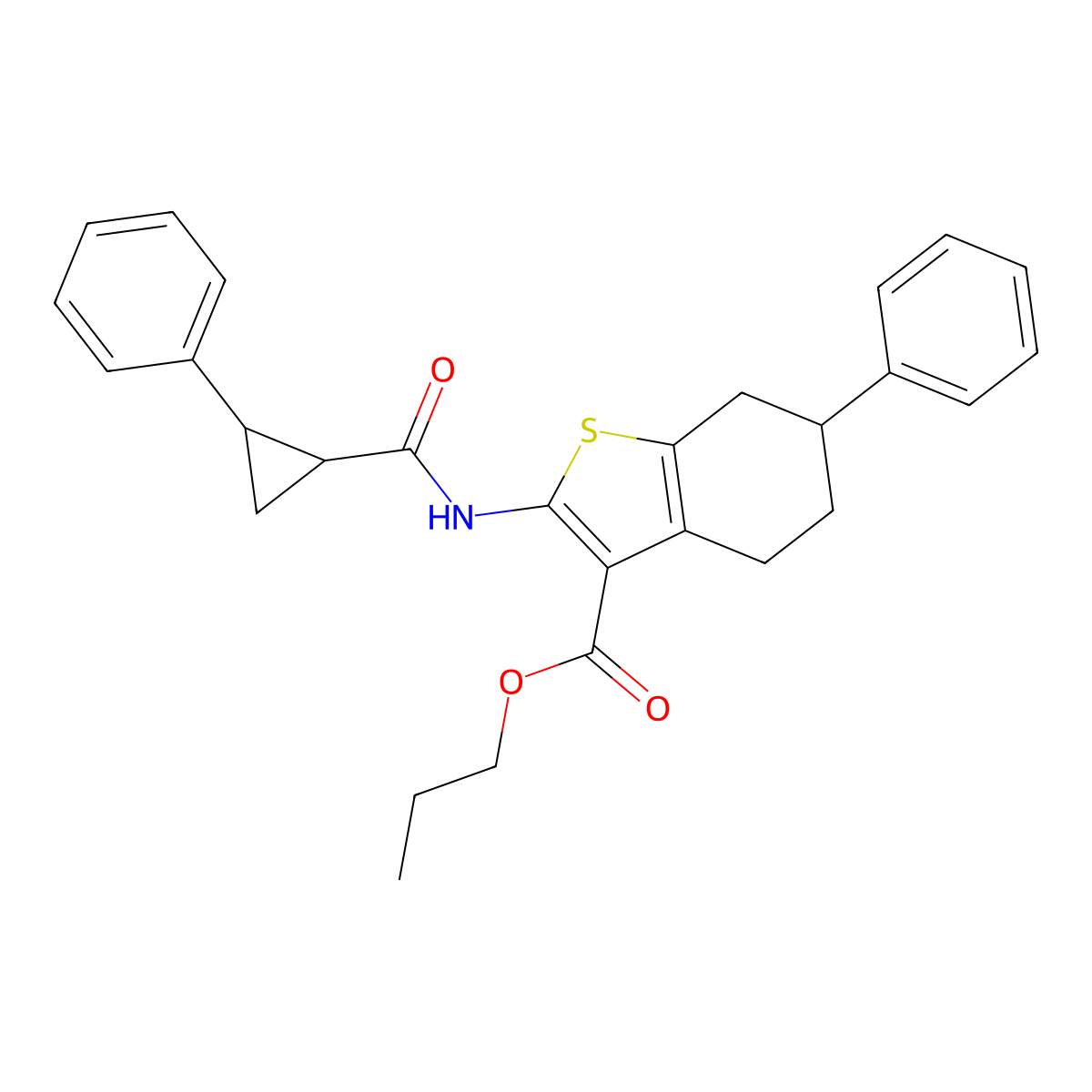 Propyl 6-phenyl-2-{[(2-phenylcyclopropyl)carbonyl]amino}-4,5,6,7-tetrahydro-1-benzothiophene-3-carboxylate molecular structure, CAS 1005245-07-7