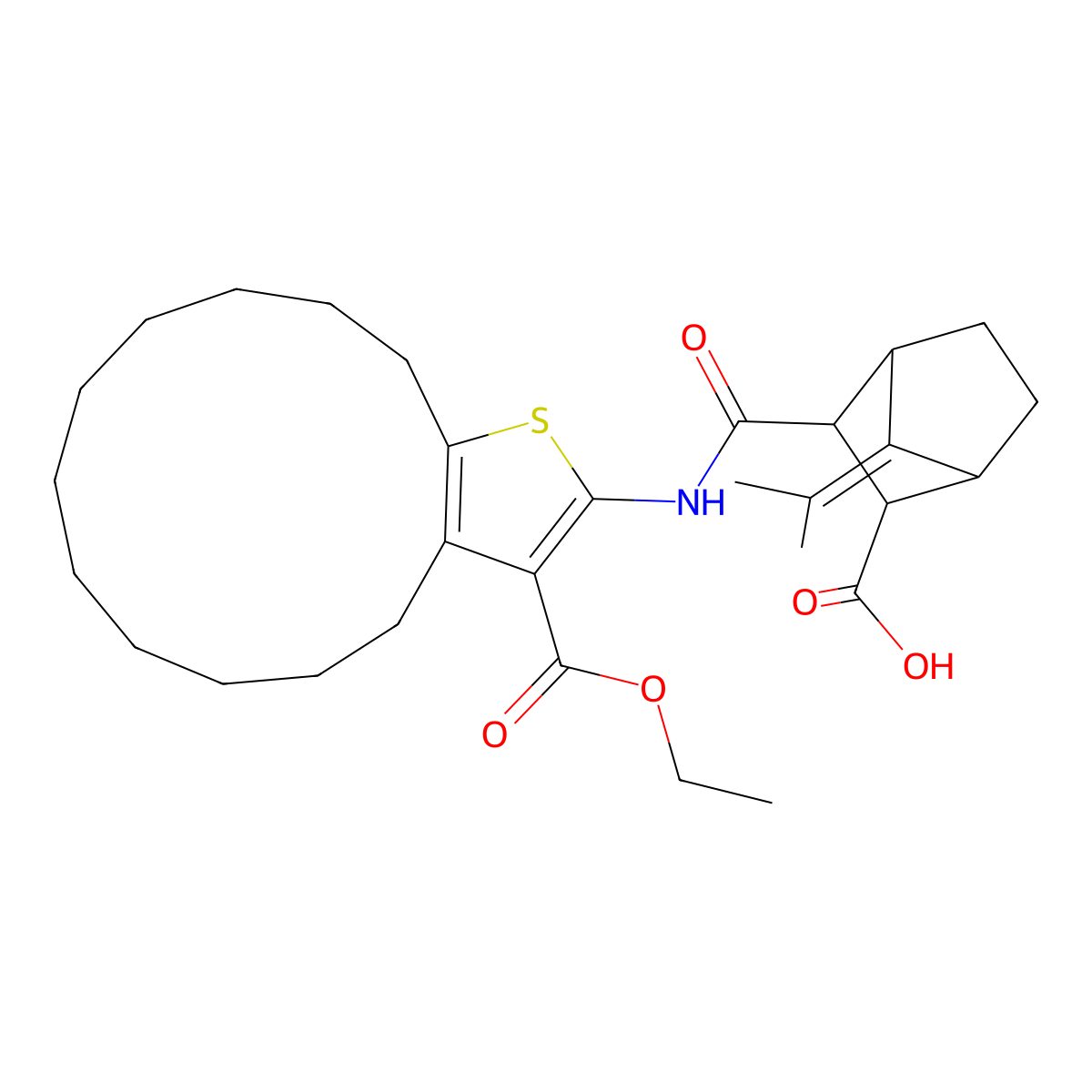 3-({[3-(ethoxycarbonyl)-5,6,7,8,9,10,11,12,13,14-decahydro-4H-cyclotrideca[b]thien-2-yl]amino}carbonyl)-7-(1-methylethylidene)bicyclo[2.2.1]heptane-2-carboxylic acid molecular structure, CAS 1005245-08-8