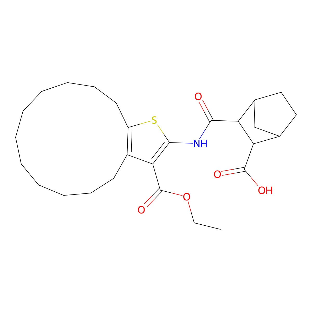 3-((3-(Ethoxycarbonyl)-5,6,7,8,9,10,11,12,13,14-decahydro-4H-cyclotrideca[b]thiophen-2-yl)carbamoyl)bicyclo[2.2.1]heptane-2-carboxylic acid molecular structure, CAS 1005251-28-4
