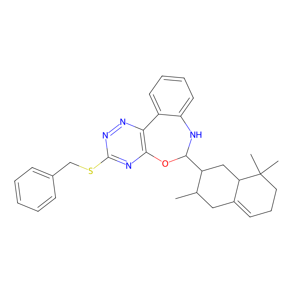 3-(Benzylsulfanyl)-6-(3,8,8-trimethyl-1,2,3,4,6,7,8,8a-octahydro-2-naphthalenyl)-6,7-dihydro[1,2,4]triazino[5,6-d][3,1]benzoxazepine molecular structure, CAS 1005251-78-4