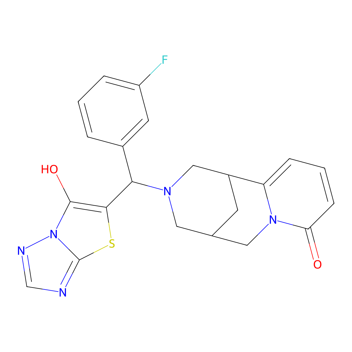 3-((3-fluorophenyl)(6-hydroxythiazolo[3,2-b][1,2,4]triazol-5-yl)methyl)-3,4,5,6-tetrahydro-1H-1,5-methanopyrido[1,2-a][1,5]diazocin-8(2H)-one molecular structure, CAS 1005258-69-4