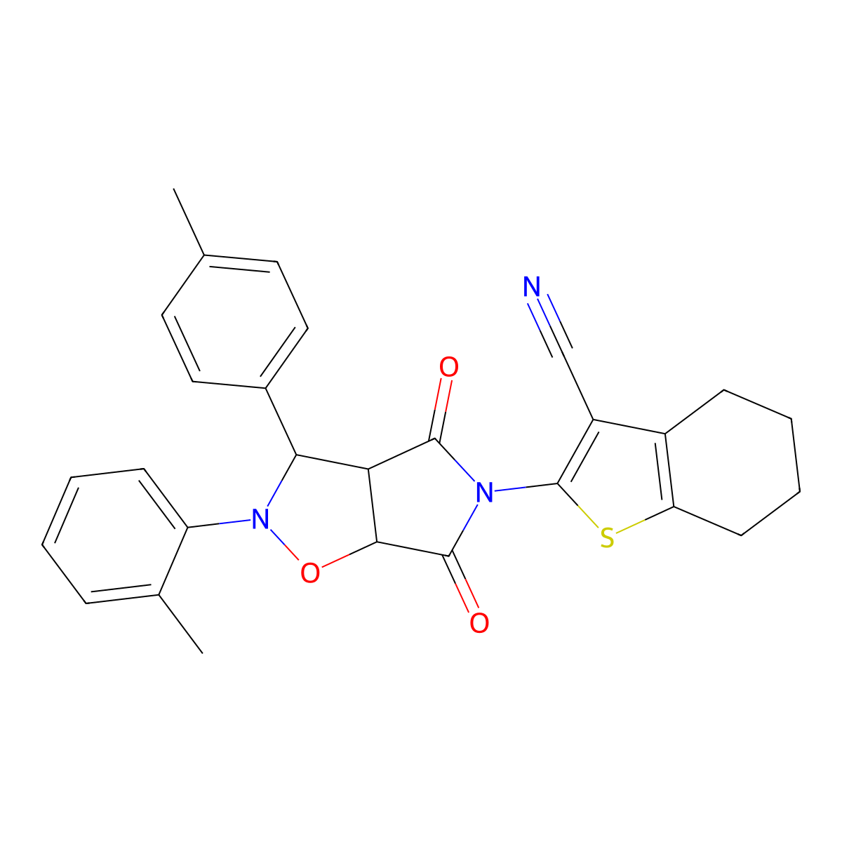 2-(4,6-dioxo-2-(o-tolyl)-3-(p-tolyl)tetrahydro-2H-pyrrolo[3,4-d]isoxazol-5(3H)-yl)-4,5,6,7-tetrahydrobenzo[b]thiophene-3-carbonitrile molecular structure, CAS 1005261-57-3