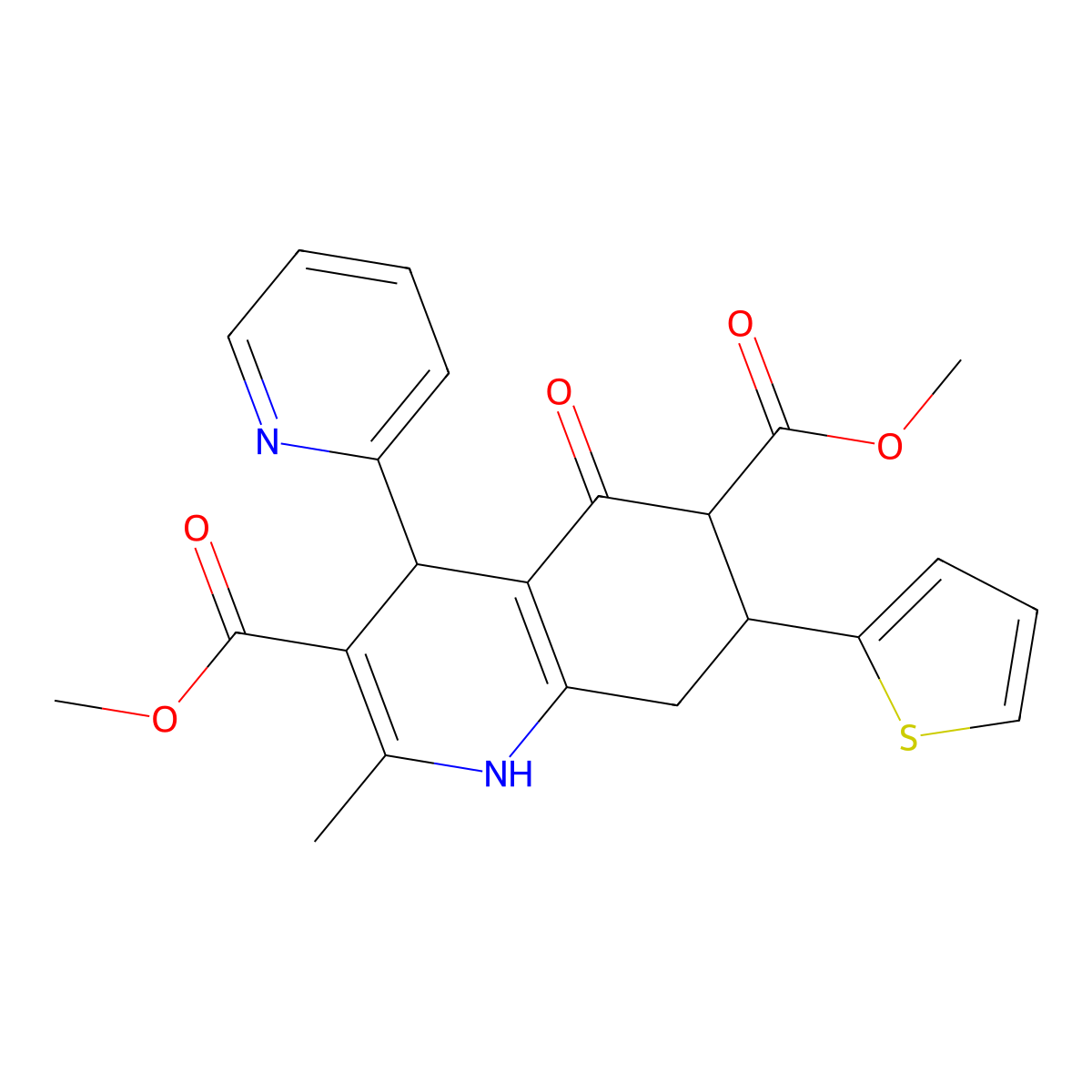 Dimethyl 2-methyl-5-oxo-4-(pyridin-2-yl)-7-(thiophen-2-yl)-1,4,5,6,7,8-hexahydroquinoline-3,6-dicarboxylate molecular structure, CAS 1005261-70-0